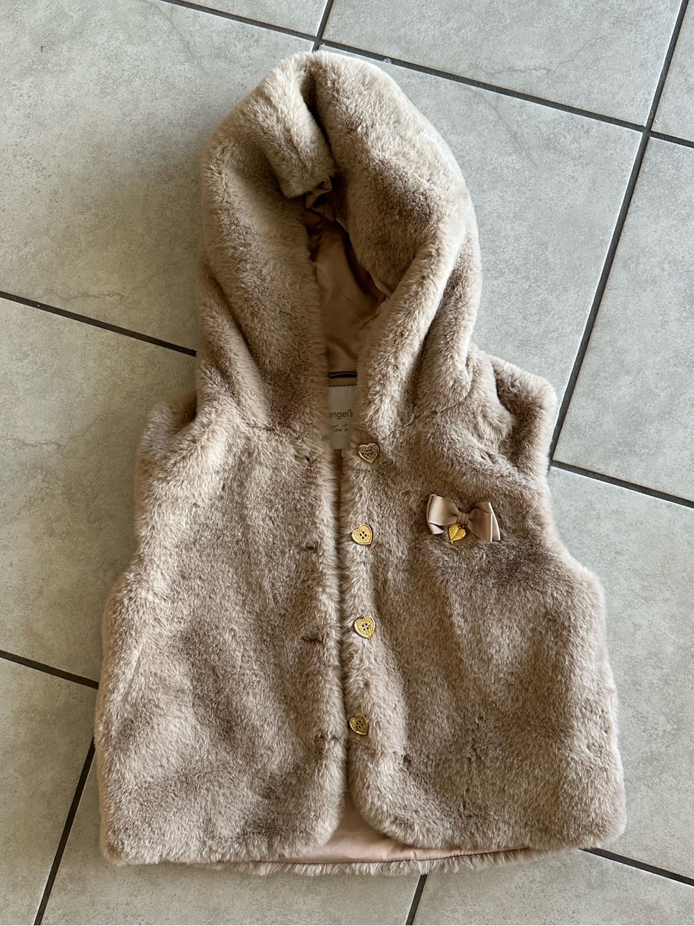 Girls' Hooded Faux Fur Vest in Light Taupe size 8-9Y